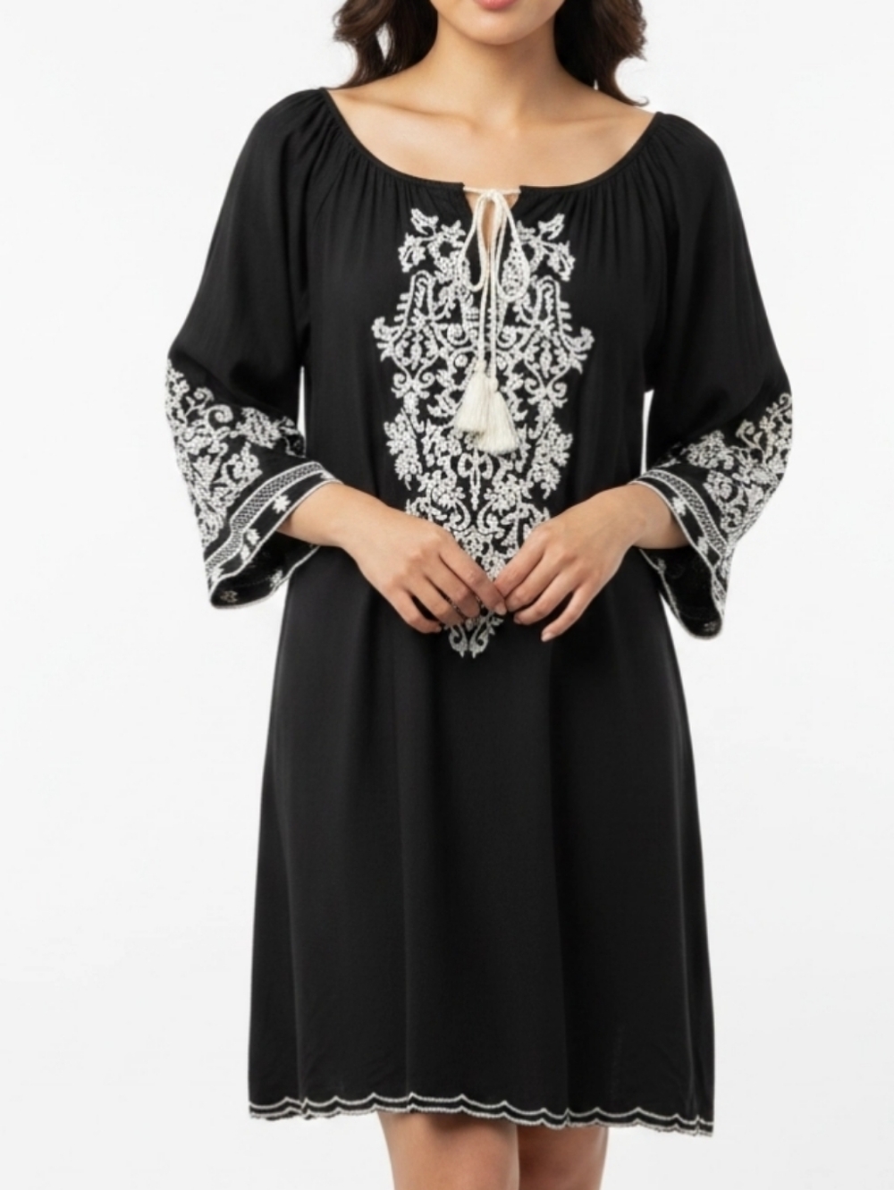 Chic Connection Womens Boho Dress Sz XL Deep Green Embroidered Sleeves & Bodice